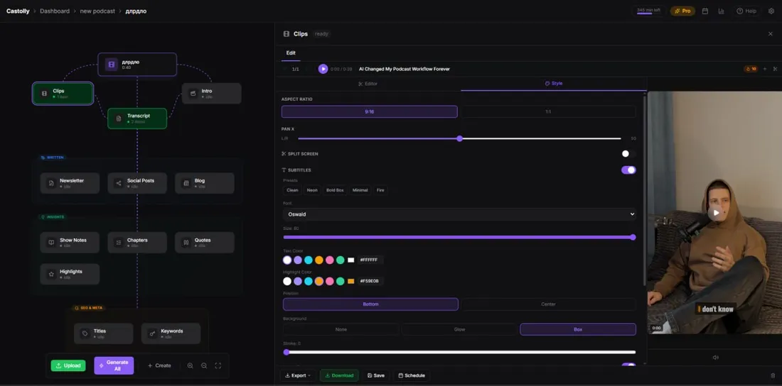 Интерфейс Castolly — AI-репурпосер подкастов на canvas